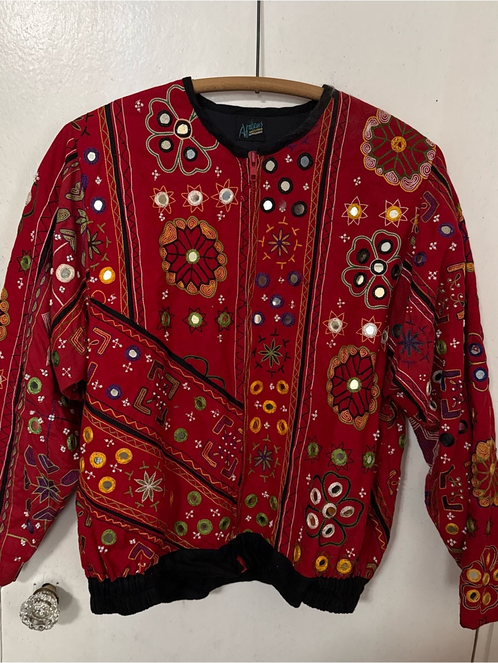 Artisan-Inspired Red Embroidered Women's Sweater Jacket